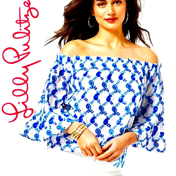Lilly Pulitzer Alva Off Shoulder Top Blue White Blouse with Bell Sleeves Size XS - Picture 1 of 16